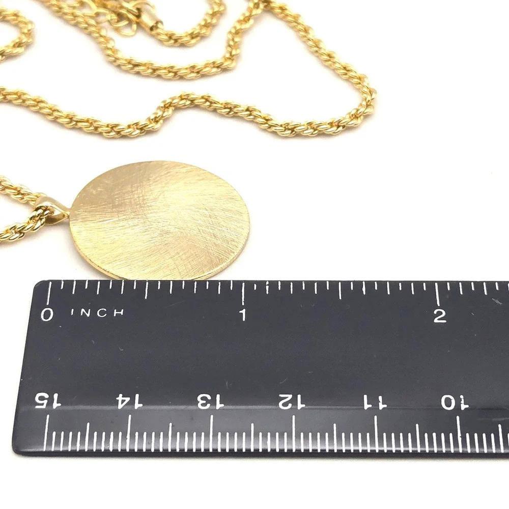 Gold Tone Pendant Necklace‎ Rope Chain Brushed Textured Disc Adjustable 24